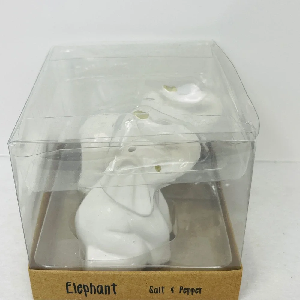 White Ceramic Elephant Salt and Pepper Shaker Set Gold Accents New in Box